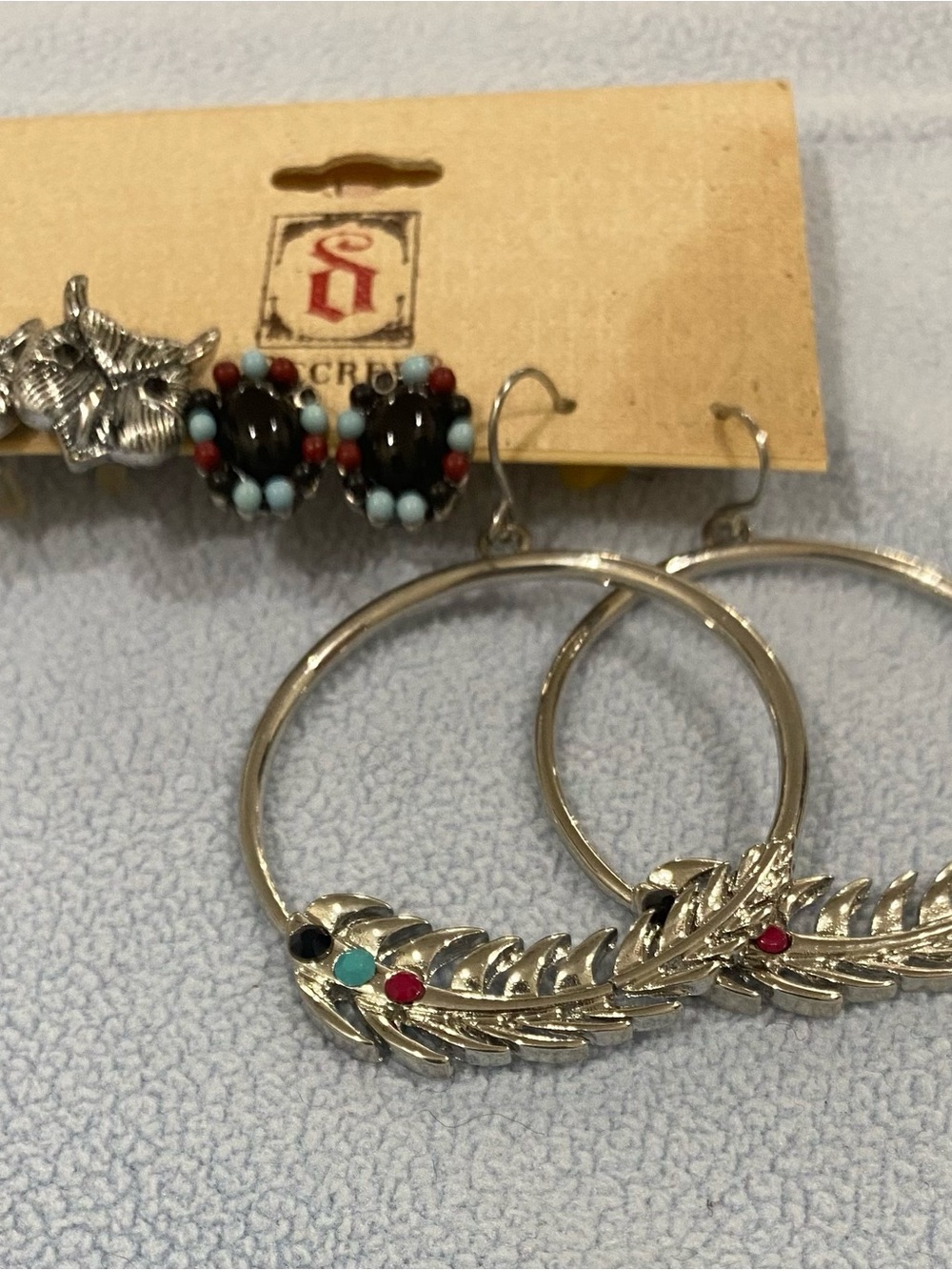 Decree Silver-Tone Hoop Earrings with Feather Detail and Multicolor Stones